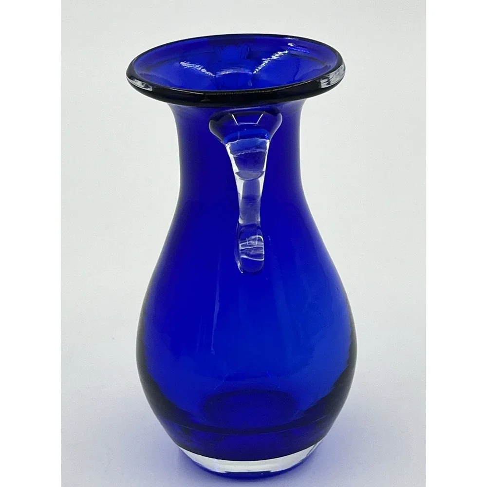 Vintage Cobalt Blue Vase Glass Bouquet With Applied Clear Glass Handles EUC
